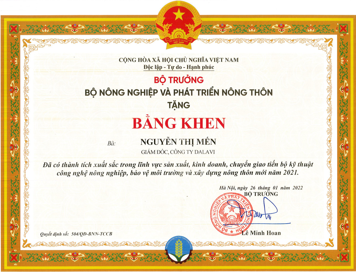 Bằng khen Bộ trưởng Bộ Nông nghiệp và Phát triển Nông thôn